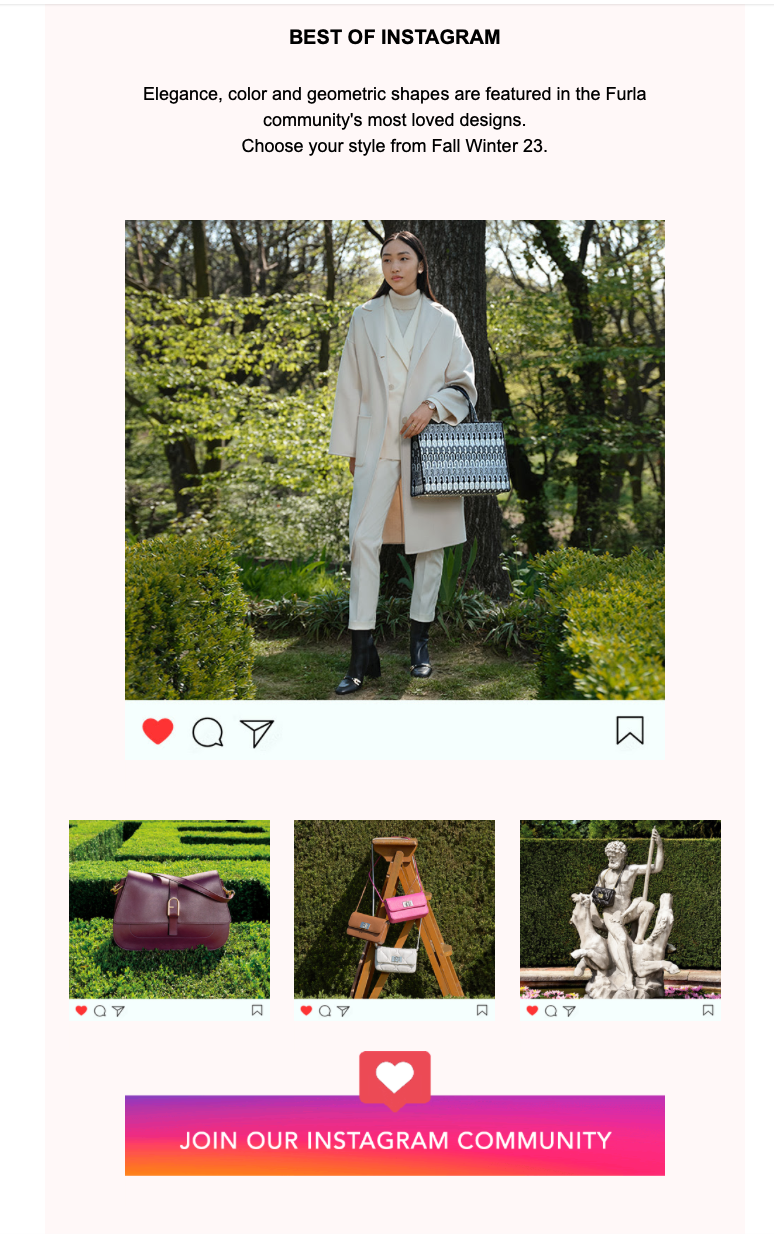 An email newsletter showcasing content created on instagram with a "Join our Instagram community" CTA